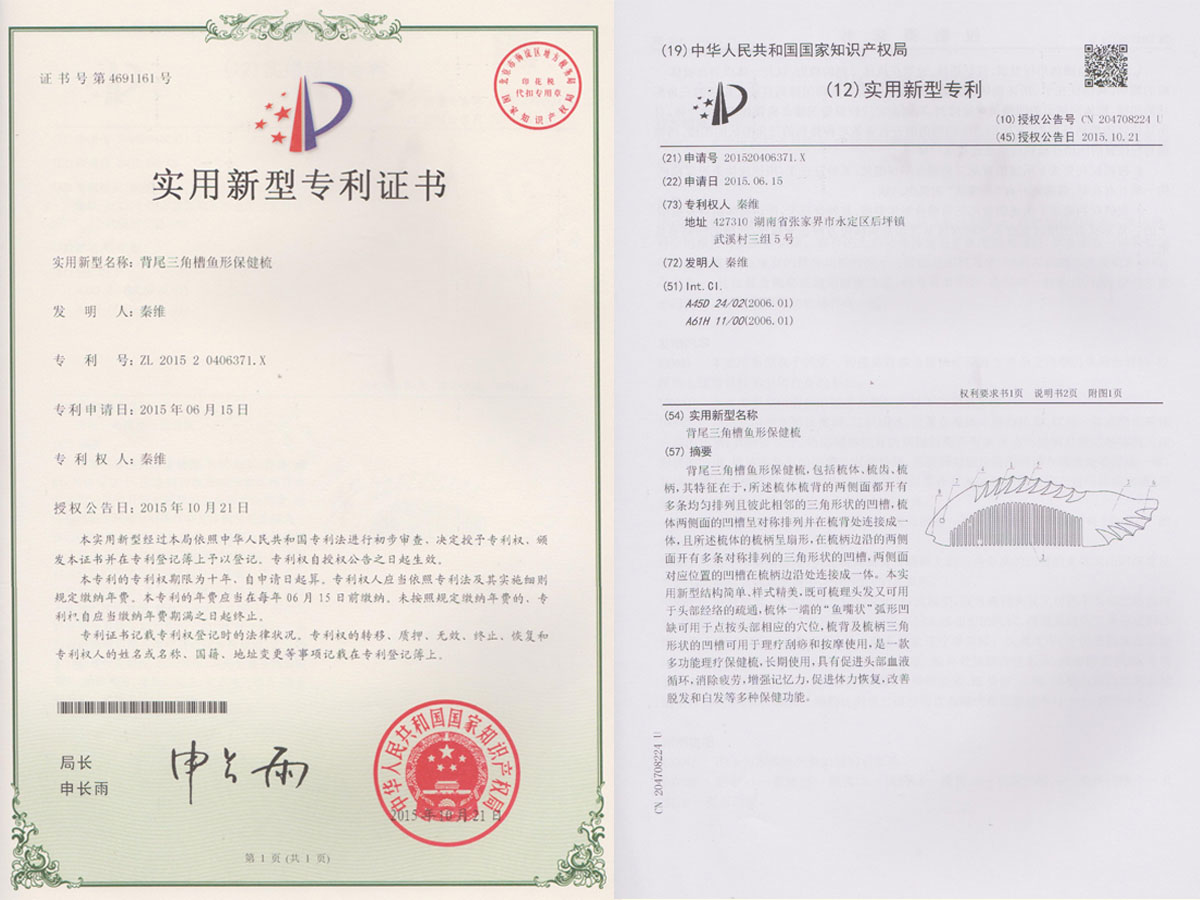 背尾三角槽鱼形保健梳专利证书