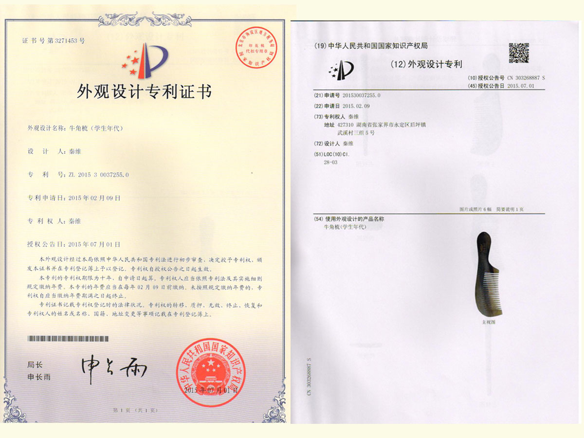 牛角梳（学生年代）专利证书